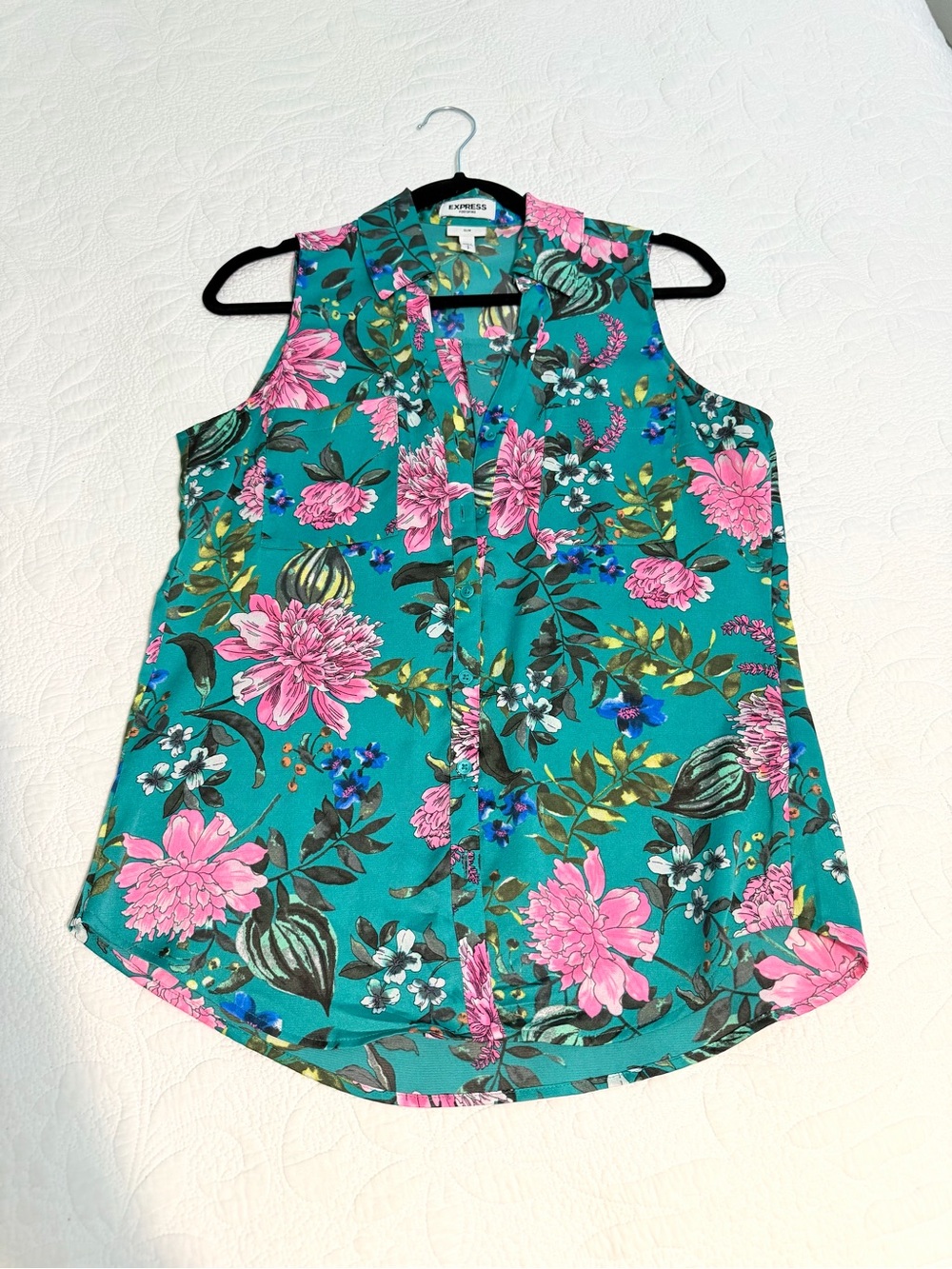 Express portofino sleeveless blouse button up slim fit size small tropical